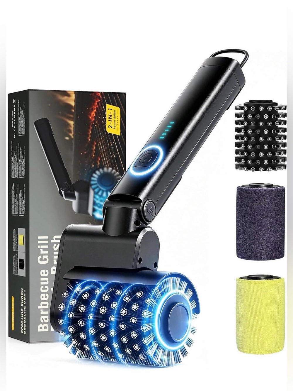 Electric Cordless Grill Brush, 3-speed options & interchangeable heads, New